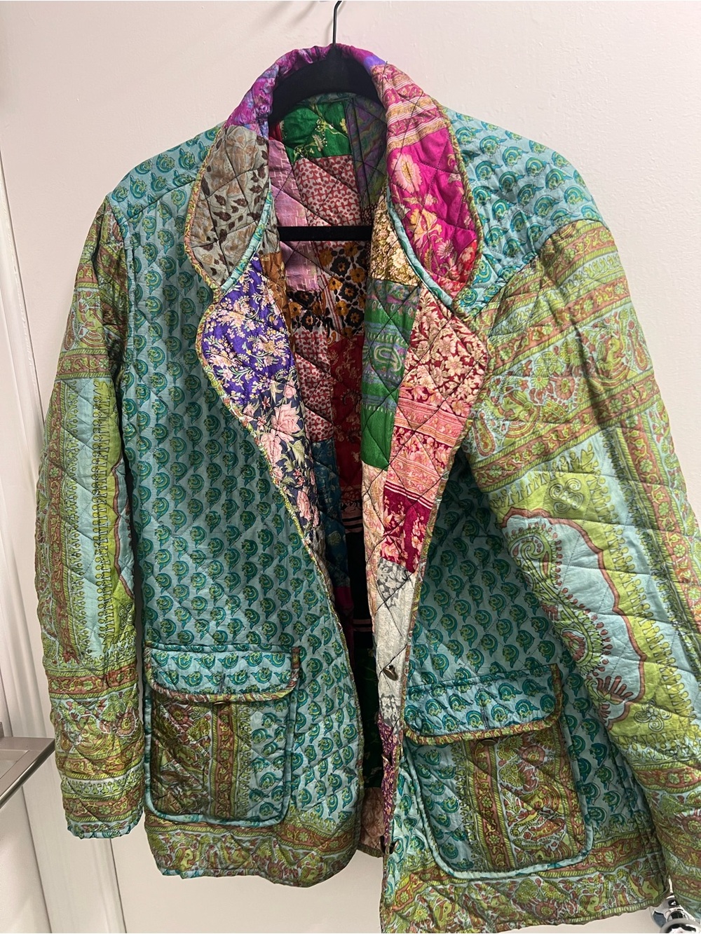 Quilted Patchwork Shawl Collar Jacket in Teal & Multicolor reversible
